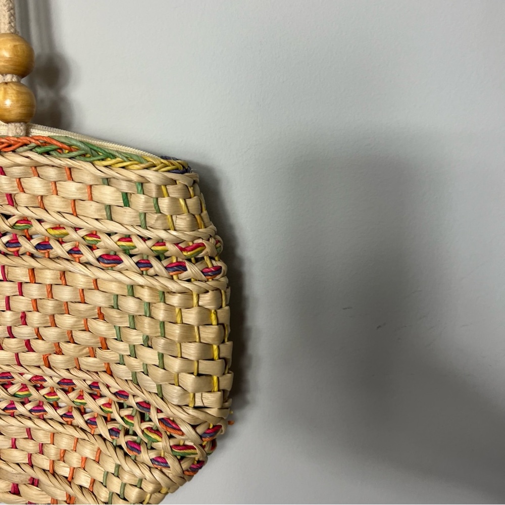 Vintage Straw Bag Purse Handbag Woven Colorful Wooden Beads - Picture 2 of 9